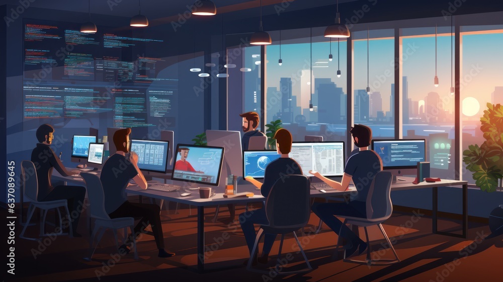 A scene showcasing a team of software developers coding, collaborating, and testing applications in a modern development environment	
