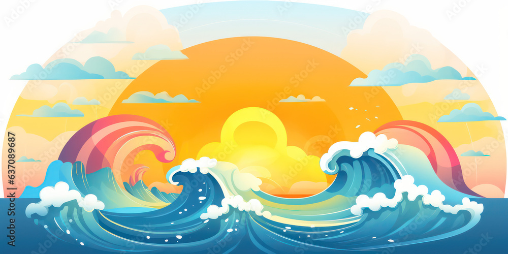 Playful Ocean Wave in Cartoon Style. Sun ocean wave blue clouds happy splash. Banner Header Travel Graphic Resource as background sunny ocean wave splashing water. Generative AI Playful Ocean Wave in Cartoon Style. Sun ocean wave blue clouds happy splash. Banner Header Travel Graphic Resource as background sunny ocean wave splashing water. Generative AI