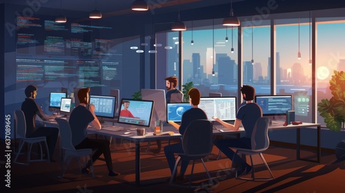 A scene showcasing a team of software developers coding, collaborating, and testing applications in a modern development environment 