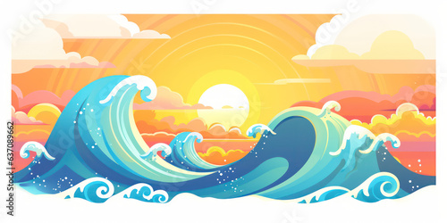 Playful Ocean Wave in Cartoon Style. Sun ocean wave blue clouds happy splash. Banner Header Travel Graphic Resource as background sunny ocean wave splashing water. Generative AI