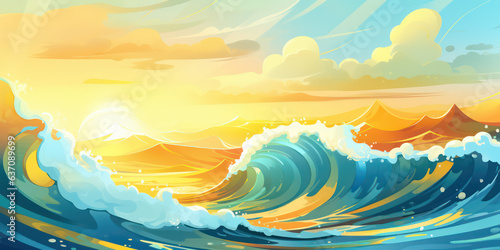 Playful Ocean Wave in Cartoon Style. Sun ocean wave blue clouds happy splash. Banner Header Travel Graphic Resource as background sunny ocean wave splashing water. Generative AI