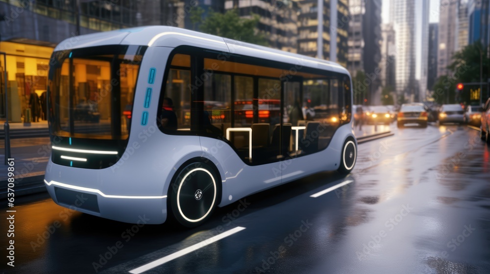 Autonomous electric bus self driving on street at modern city, Smart vehicle technology concept.