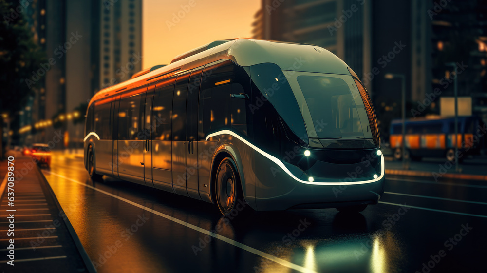 Autonomous electric bus self driving on street at modern city, Smart vehicle technology concept.