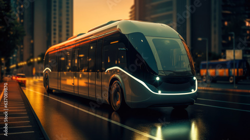 Autonomous electric bus self driving on street at modern city, Smart vehicle technology concept. © visoot