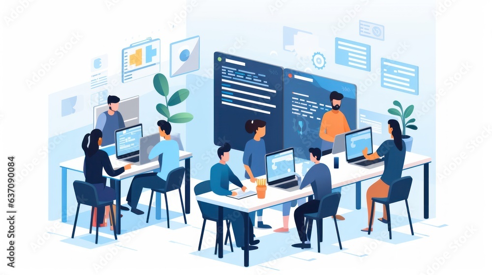 A scene showcasing a team of software developers coding, collaborating, and testing applications in a modern development environment
A scene showcasing a team of software developers coding, collaborating, and testing applications in a modern development environment