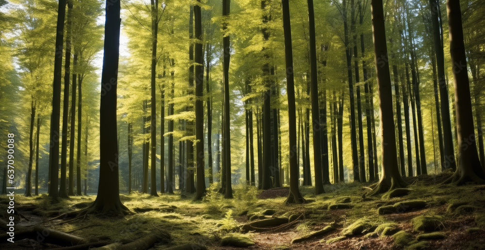 Beautiful scenery of high green trees in the forest with the sun rays. Beautiful scenery of high green trees in the forest with the sun rays.