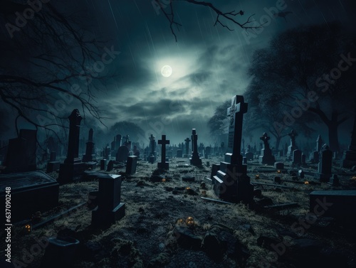 cinematic scene of a spooky graveyard by night. horror halloween theme.