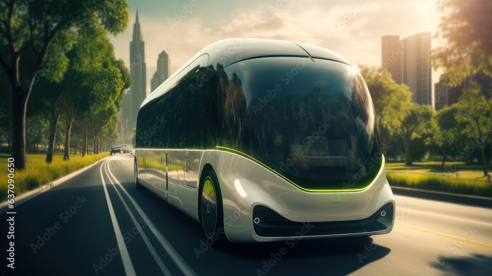 Intelligent vehicle concept, Autonomous electric shuttle bus self driving through on road at modern city.