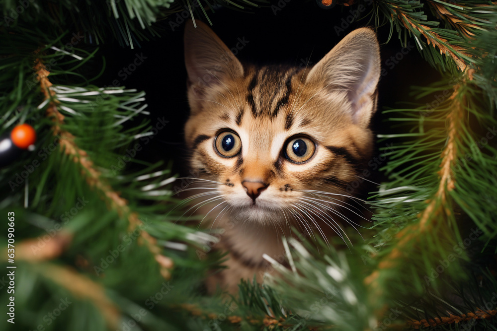 a cute kitten peeks out of the fir branches. new year a cute kitten peeks out of the fir branches. new year