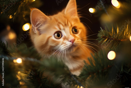 a cute kitten peeks out of the fir branches. new year