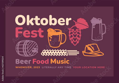 Oktoberfest poster. Linear symbols of the traditional holiday: beer, barrel, cone of hops, ears of corn, pretzel, traditional German hunting cap. Set of design elements. Vector flat illustration
