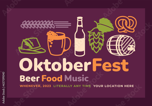 Oktoberfest poster. Linear symbols of the traditional holiday: beer, barrel, cone of hops, ears of corn, pretzel, traditional German hunting cap. Set of design elements. Vector flat illustration