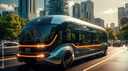 Self-driving shuttle bus at bus station, Smart vehicle technology concept. © visoot