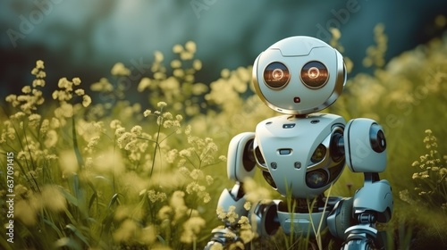 White eco friendly robot with lush grass in the background.