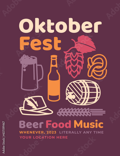 Oktoberfest poster. Linear symbols of the traditional holiday: beer, barrel, cone of hops, ears of corn, pretzel, traditional German hunting cap. Set of design elements. Vector flat illustration