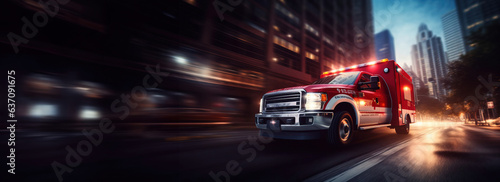 Ambulance driving at high speed with motion blur, copy space. Created using Generative AI technology.