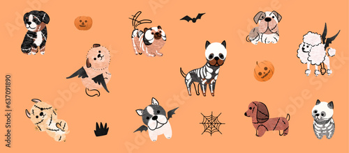 Spooky Paws' Set: Cute Halloween dogs in vector. Diverse breeds don Halloween charm. Perfect for creative projects!