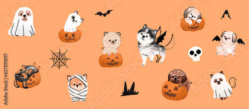 Spooky Paws' Set: Cute Halloween dogs in vector. Diverse breeds don Halloween charm. Perfect for creative projects!