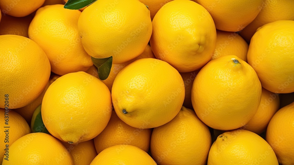 a pile of yellow lemons with green leaves on top. generative ai a pile of yellow lemons with green leaves on top. generative ai