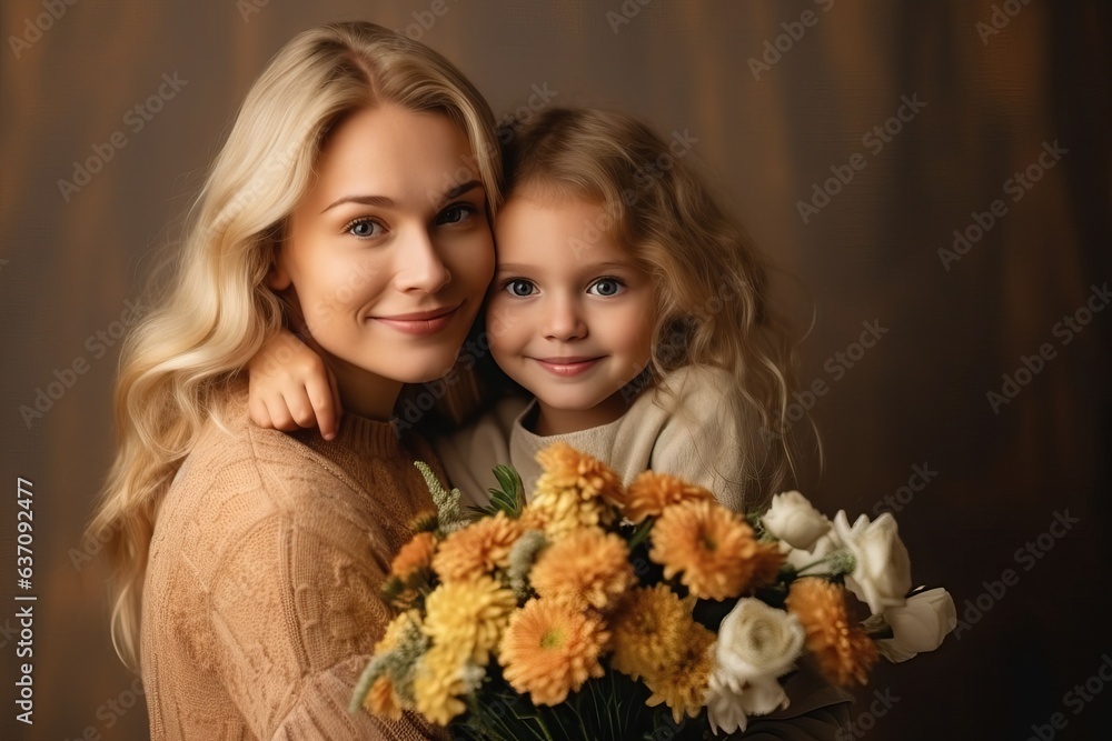 Mother's Day Celebration - Young Woman with Daughter and Flower Bouquet