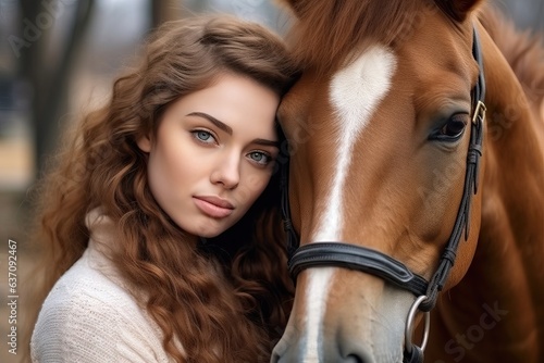 Young Woman and Bay Horse with Intertwined Hair