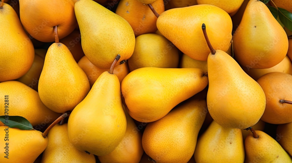  a pile of yellow pears with leaves on top of them.  generative ai