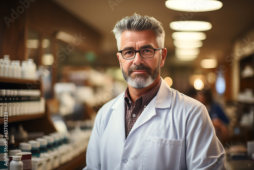 portrait of middle age man pharmacist in white robe in pharmacy