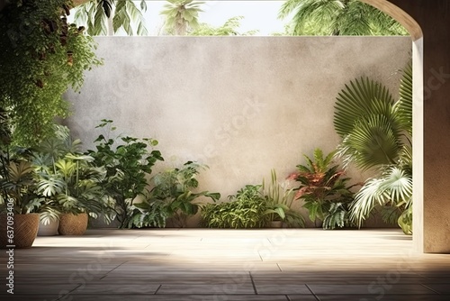 Nature's Harmony: Tropical Greenery Thriving in Sunlight Near Concrete Wall (Generative AI)