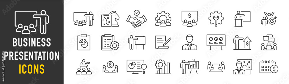 Business presentation web icons in line style. Meeting, conference, business people, audience, briefing, plan, collection. Vector illustration. - obrazy, fototapety, plakaty 