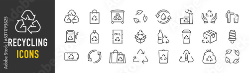 Recycling web icons in line style. Garbage, environmental, plastic, organic waste, recycle plant, collection. Vector illustration.
