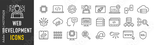 Web Development web icons in line style. Programming, code, mobile app, developer, management, seo, digital, web design, marketing, analytics, collection. Vector illustration.