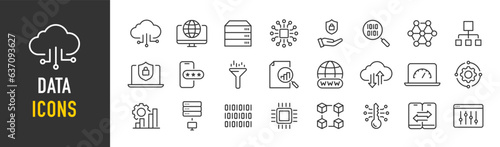 Data web icons in line style. Statistics, analysis, database, server, processing, data, collection. Vector illustration.