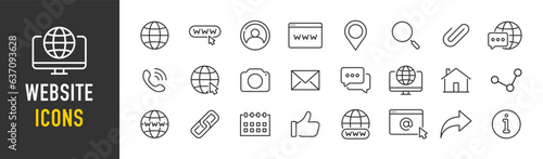 Website web icons in line style. Www, search, support, mail, contact, internet, collection. Vector illustration.