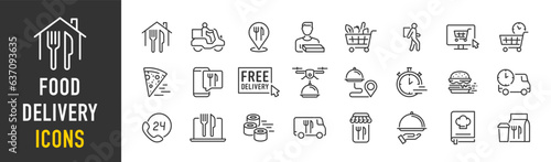 Food Delivery web icons in line style. Courier, food box, fast delivery, order, scooter, bycicle, collection. Vector illustration.