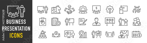 Business presentation web icons in line style. Meeting, conference, business people, audience, briefing, plan, collection. Vector illustration.