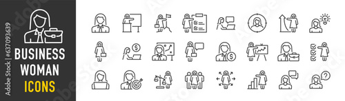 Businesswoman web icons in line style. Power women, career, success, business, collection. Vector illustration.