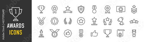 Awards web icons in line style. Winner, medal, trophy, server, reward, certificate, collection. Vector illustration.