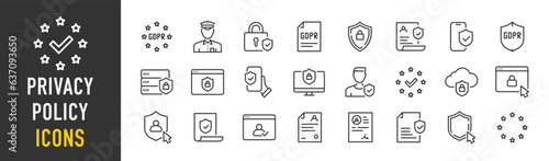 Privacy Policy web icons in line style. GDPR, security, data protection, shield, processing, data, collection. Vector illustration.