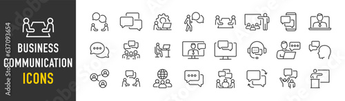 Business communication web icons in line style. Support, meeting, partnership, business people, audience, briefing, plan, collection. Vector illustration.