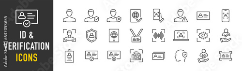 ID and Verification web icons in line style. Passport, biometric, tools, driving license, face id, code, finger, collection. Vector illustration.