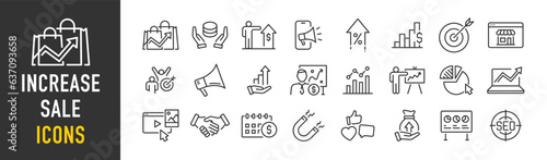 Increase sale web icons in line style. Sales, strategy, marketing, profit, vision, seo, collection. Vector illustration.