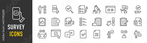 Survey web icons in line style. Opinions, rewiev, feedback, exam, collection. Vector illustration.