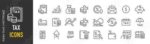 Tax web icons in line style. Pay, duties, interest rate, tax return, vat, tariff, personal tax, collection. Vector illustration. photo