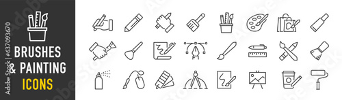Brushes and Painting web icons in line style. Brush, color palette, bucket, can, collection. Vector illustration.