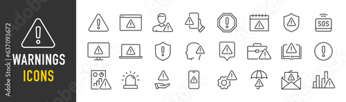 Warnings web icons in line style. Warning sign, alert, stop, notification, security, collection. Vector illustration.