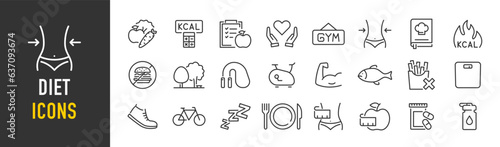Diet web icons in line style. Healthy food, zero sugar, vegetables, water, sport, fitness, collection. Vector illustration.
