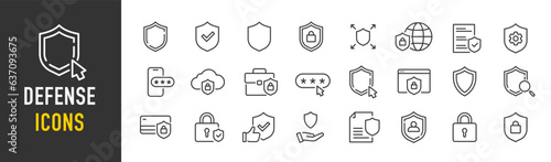 Defense web icons in line style. Security, protection, key, password, code, safe, collection. Vector illustration.
