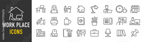 Work place web icons in line style. Online meeting, office chair, table, remote work, homework, pen, collection. Vector illustration.