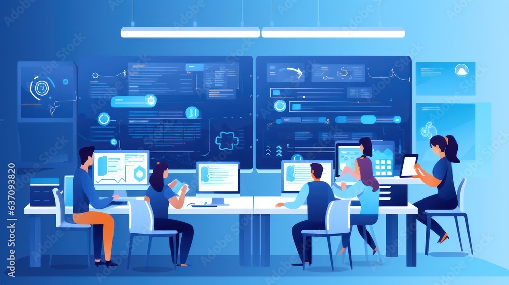 A scene showcasing a team of software developers coding, collaborating, and testing applications in a modern development environment A scene showcasing a team of software developers coding, collaborating, and testing applications in a modern development environment