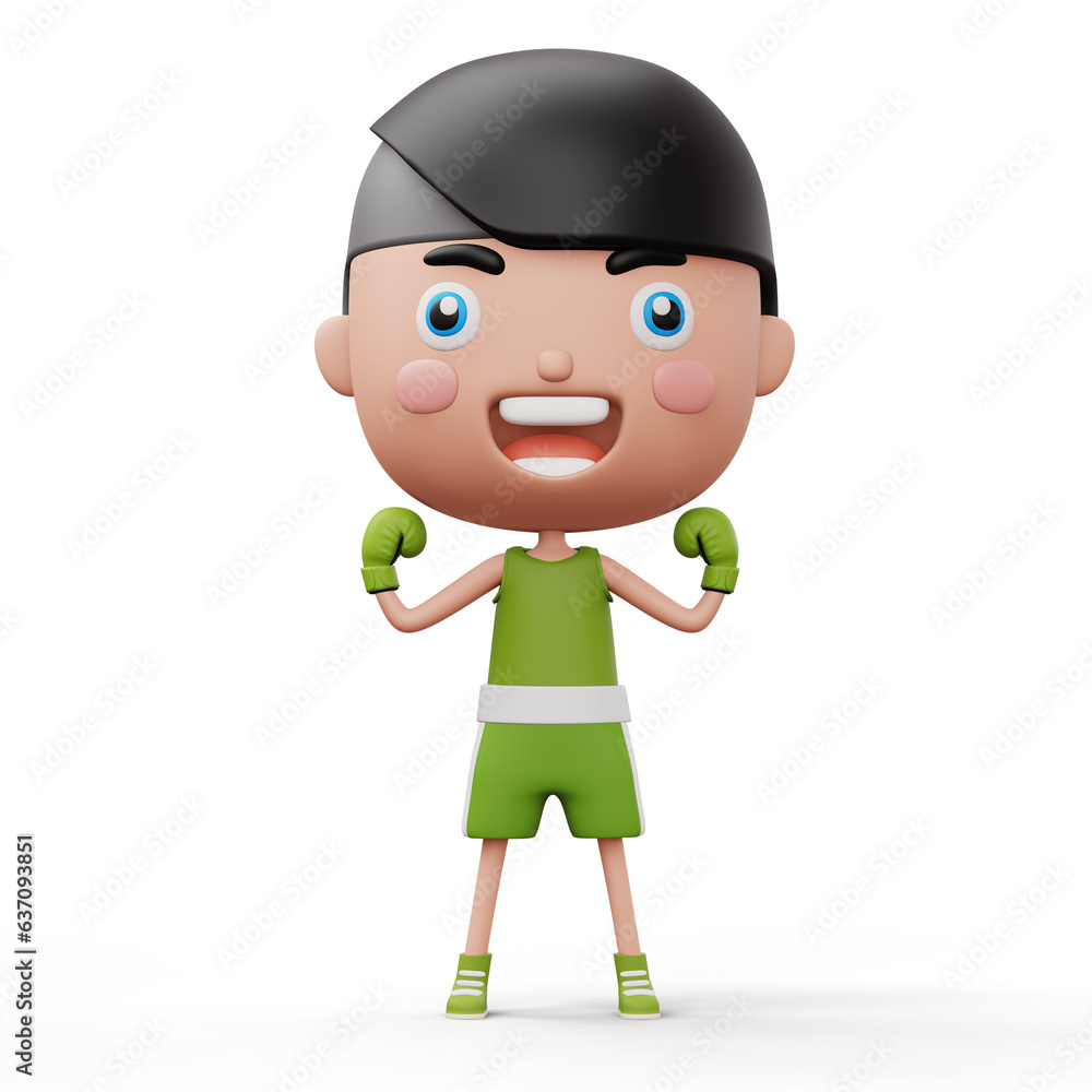 Happy child boxer, fighter boy with boxer glove, kid character, 3d rendering